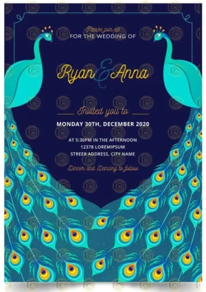 Elegant Wedding Invitation Featuring A Vibrant Peacock Design